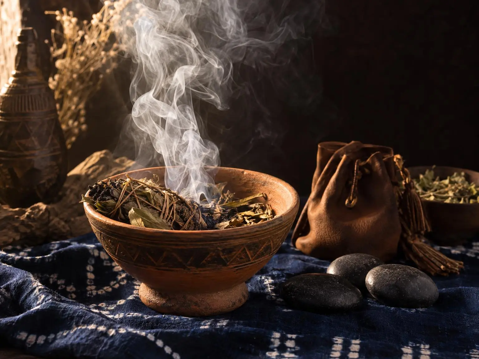 Coupe en terre cuite où se consument des plantes séchées, à côté de pierres noires et d'une bourse en cuir