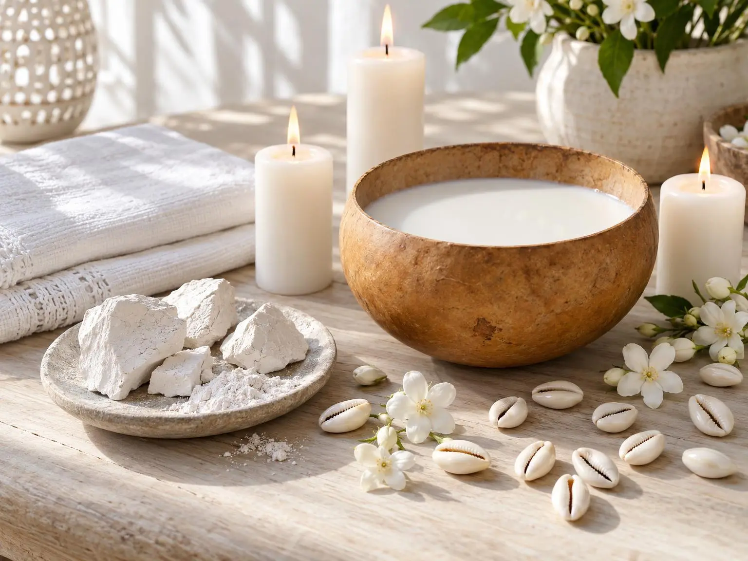 Tissu blanc, bougies blanches, calebasse de lait, kaolin et cauris dans la lumière du matin
