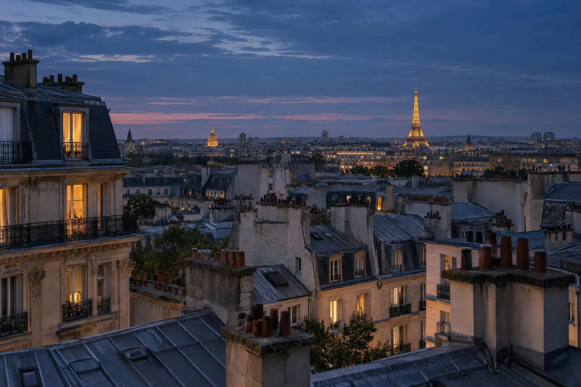 Les toits de Paris à l'heure bleue, la tour Eiffel illuminée au loin
