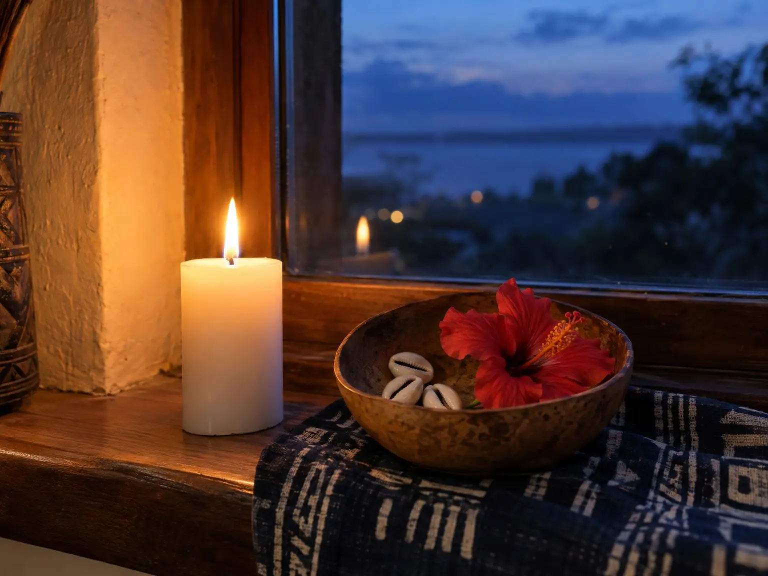 Une bougie allumée sur le rebord d'une fenêtre au crépuscule, à côté d'une calebasse avec des cauris et une fleur d'hibiscus